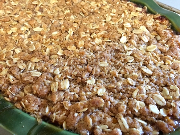 Fresh out of the oven, a sea of crispy crumble over juicy fruit is just waiting for someone to dive in!